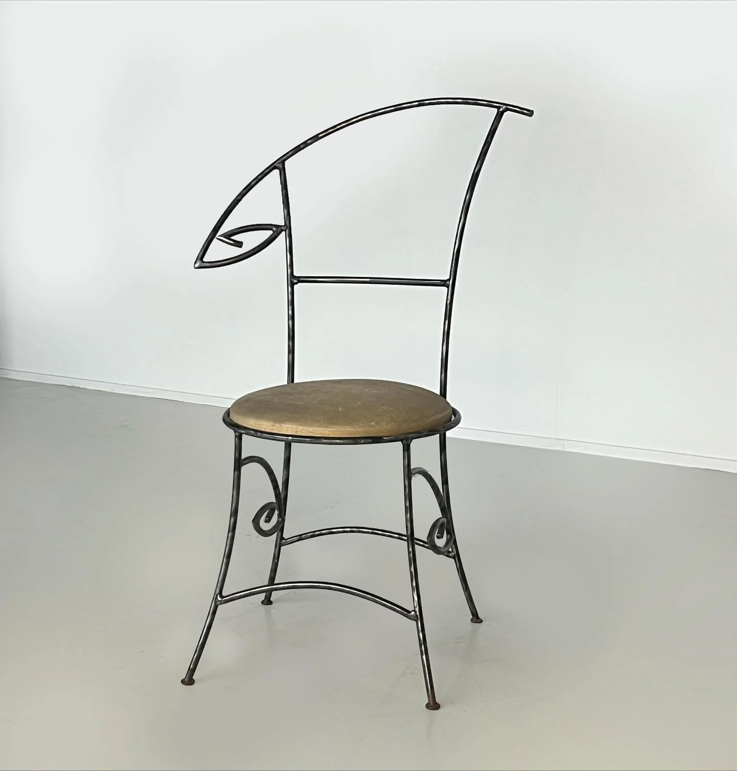 Available: Distinctive Hungarian, artist made galvanised steel frame chair, upholstered beige suede.
An individual and rare form expressing individuality and form.

Available for sale + hire, via the website