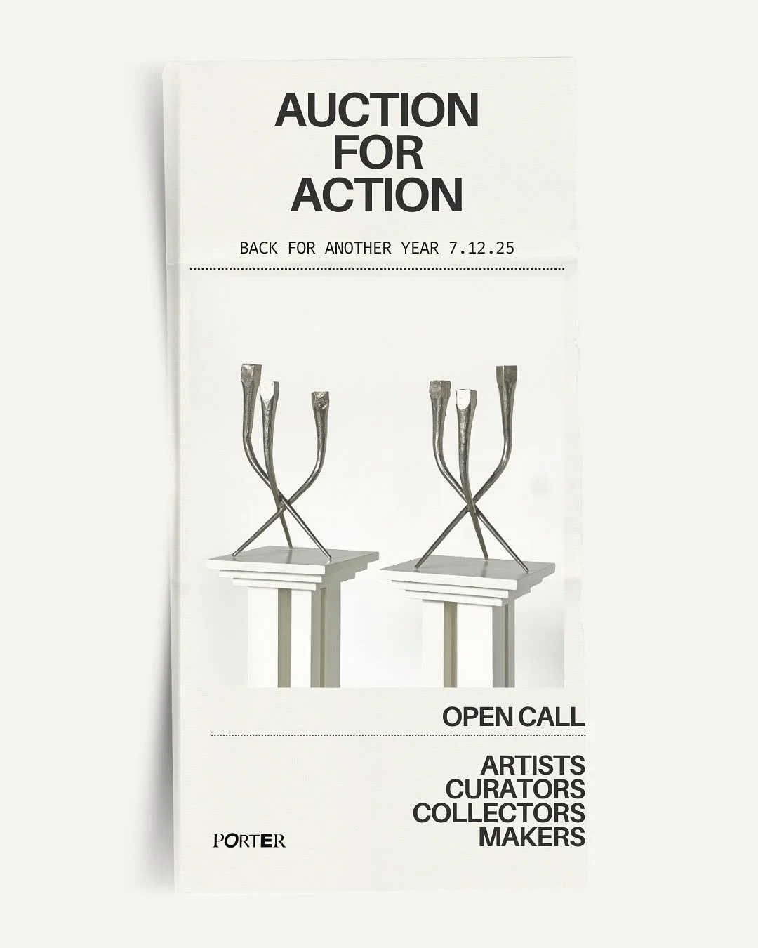 Auction for Action is back! We&rsquo;re opening submissions for the annual Porter Studio charity auction.
Each year, artists, collectors and curators come together through Porter Studio in a shared act of conscious gifting; an art &amp; object auctio