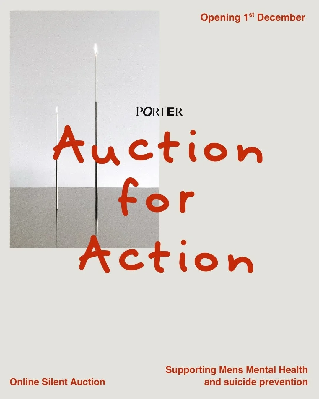 Set your Alarms, Auction for Action opens December 1st!!

This year, Porter Studio &amp; friends are proud to host &lsquo;Auction for Action&rsquo; supporting James&rsquo; Place, a charity providing life-saving therapy and pathways for men in suicida