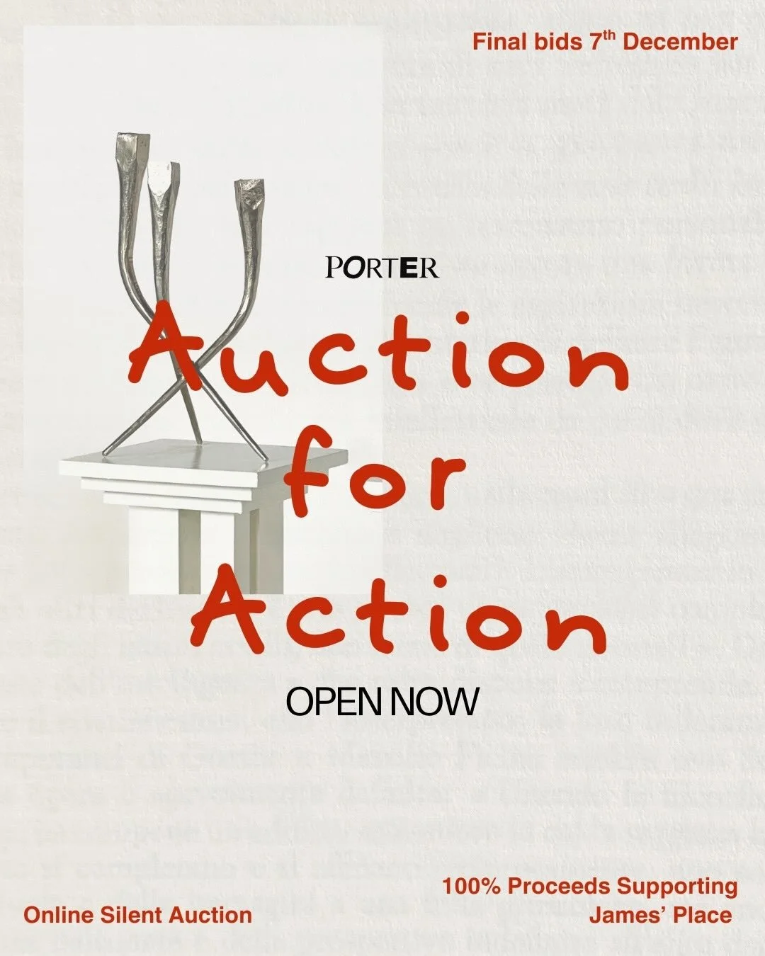 Auction for Action is now live! 
A collection of giftable works from 15 artists and curators, brought together in support of James&rsquo; Place.

Browse the first lots, place your silent bid, and help us turn creative collaboration into meaningful su