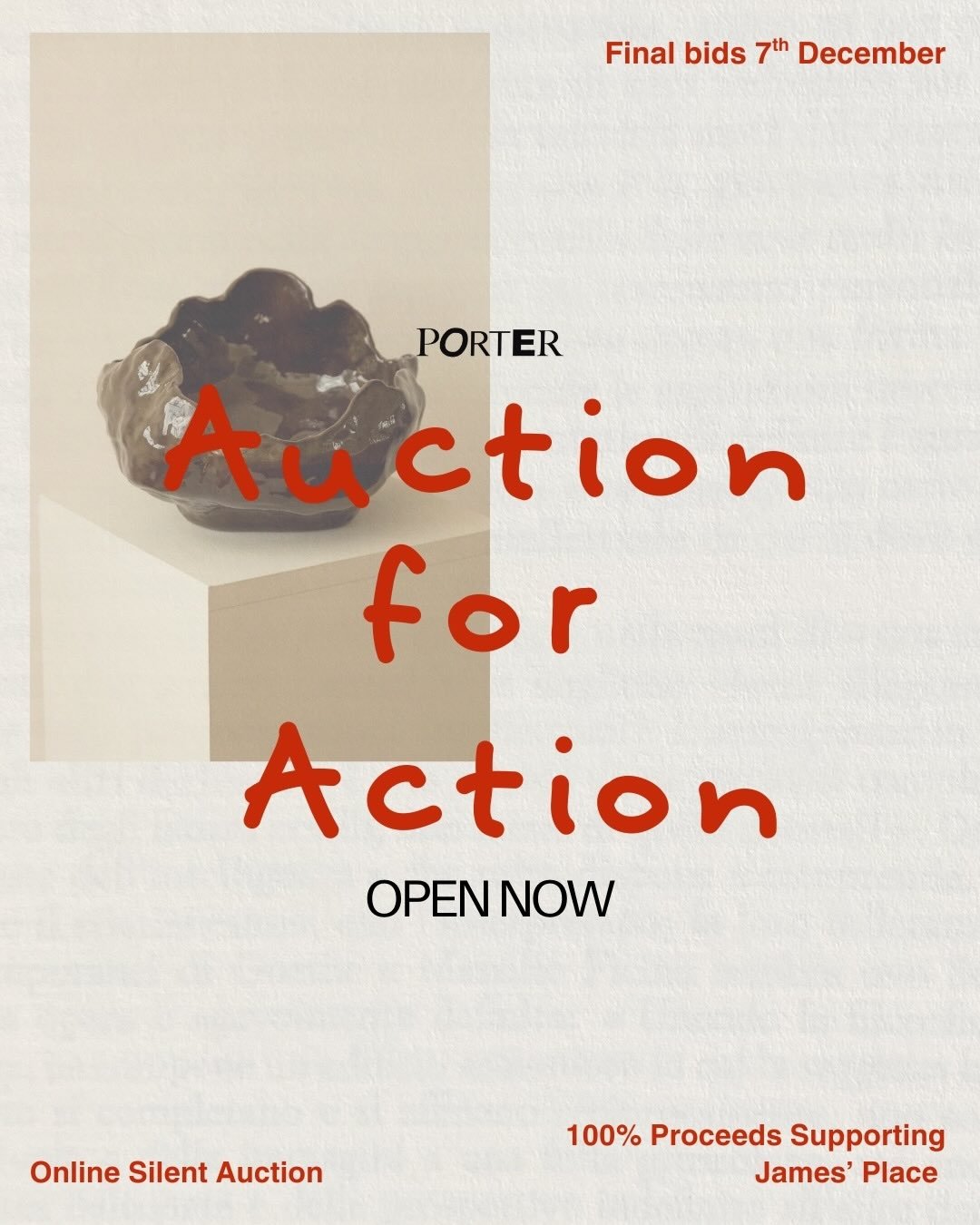 Auction for Action is now live.
A collection of giftable works from 15 artists and curators, brought together in support of James&rsquo; Place.
Browse the first lots, place your silent bid, and help us turn creative collaboration into meaningful supp
