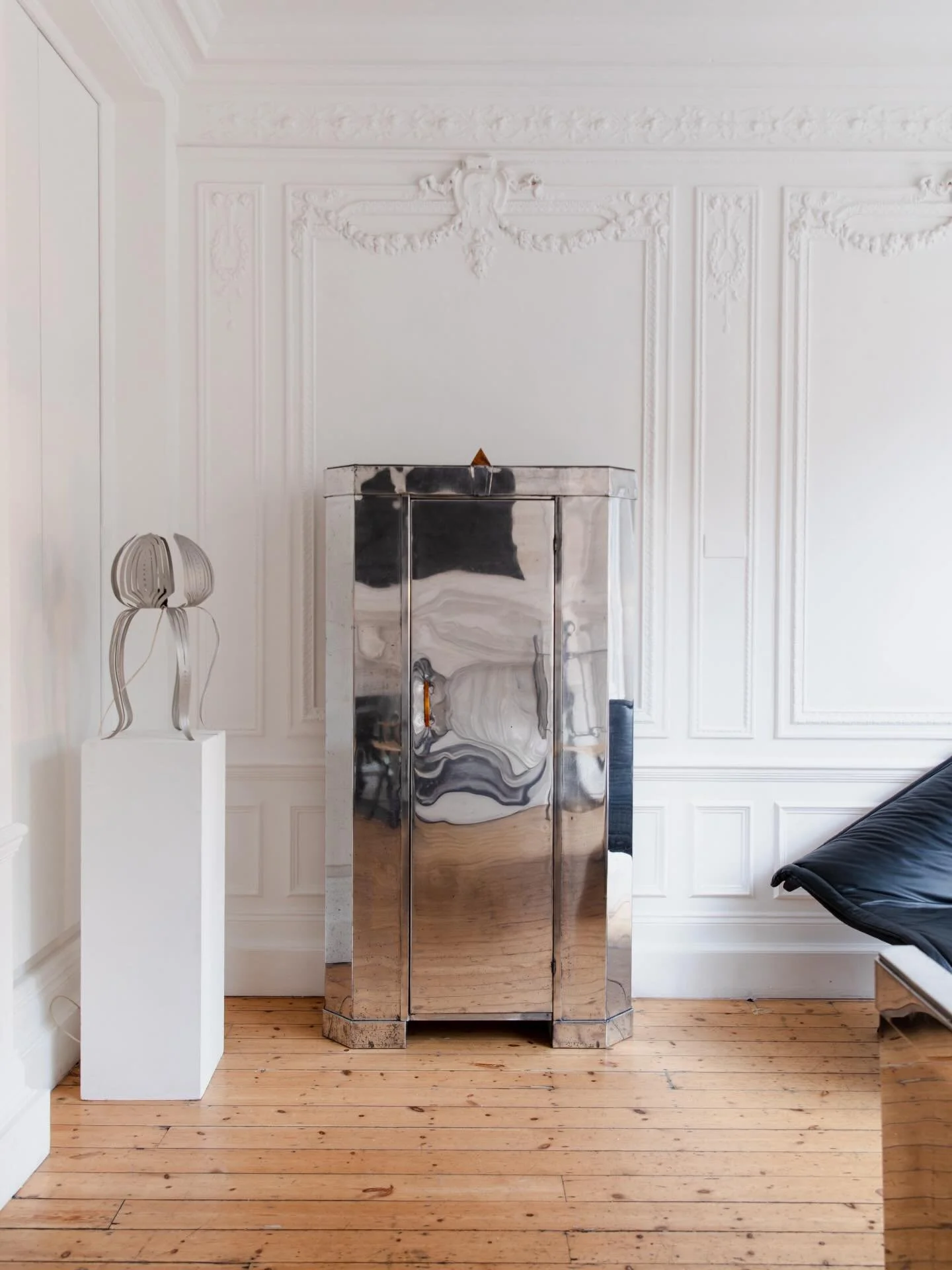 Available from The Apartment: 
Selected works remaining from the exhibition will be made available this Friday.
Join the mailing list for priority access.

Featured; Tall wardrobe from our collection of polished aluminium pieces.  Constructed of shee