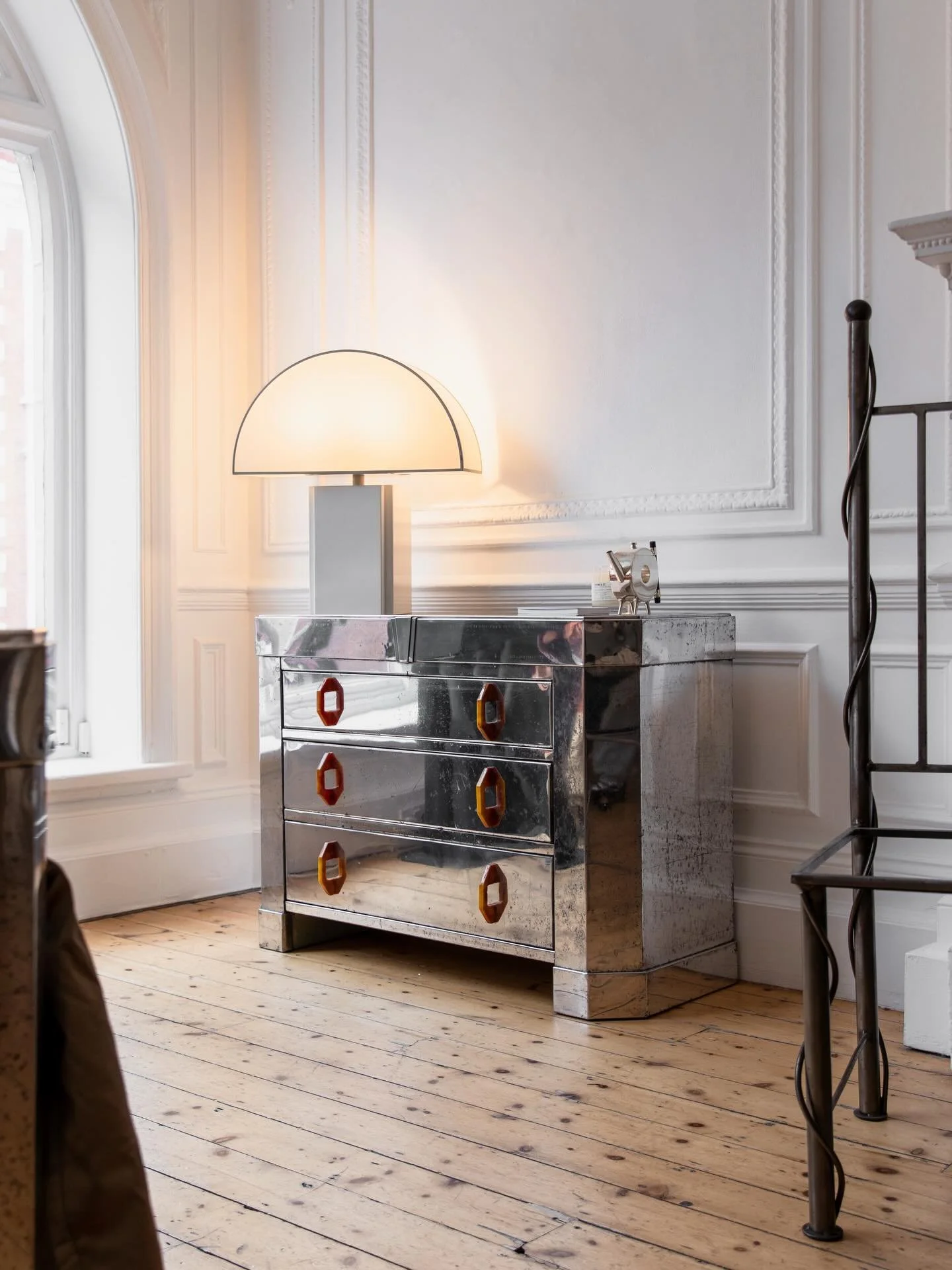 The remaining selection of works from The Apartment are now available on the website.

Featured here:
Harvey Guzzini Olympe lamp large 
Polished Aluminium chest of drawers - sold 
Christopher Dresser ornate teapot round 
Twisted metal chairs 

Availa