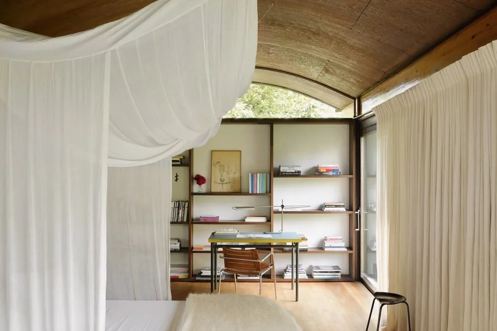 Originally built in 1966 by architect Jean Van den Boggerde in the Belgian countryside, Arca House remains strikingly ahead of its time. Defined by its metal frame structure, symmetrical plan and vaulted roof, the modernist home has since been carefu