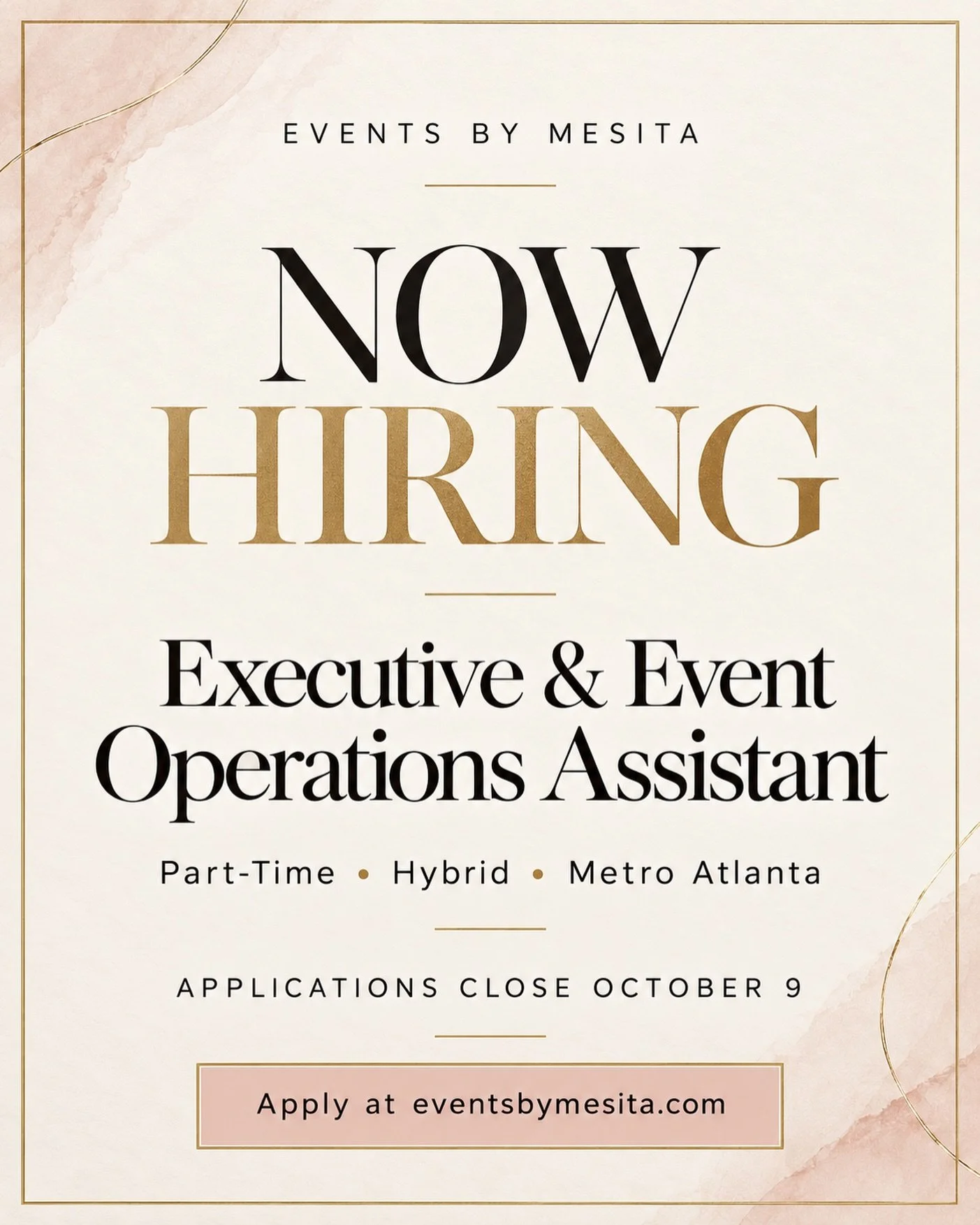 We&rsquo;re growing! ✨

Events by Mesita is seeking a proactive, highly organized Executive &amp; Event Operations Assistant to support the administrative and operational needs of Events by Mesita and Black Women in Weddings.

This is a part-time, hy