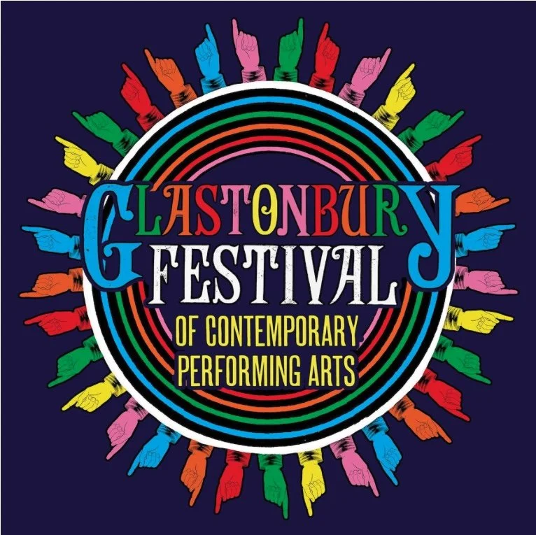 Glastonbury Festival logo with colorful hands pointing outward, text reads 'Glastonbury Festival of Contemporary Performing Arts'.