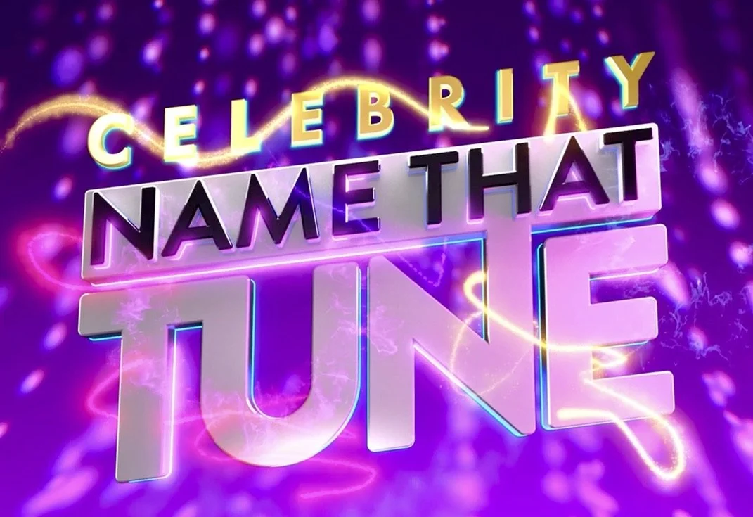 "Celebrity Name That Tune" show title in bold purple and yellow letters on a vibrant background.