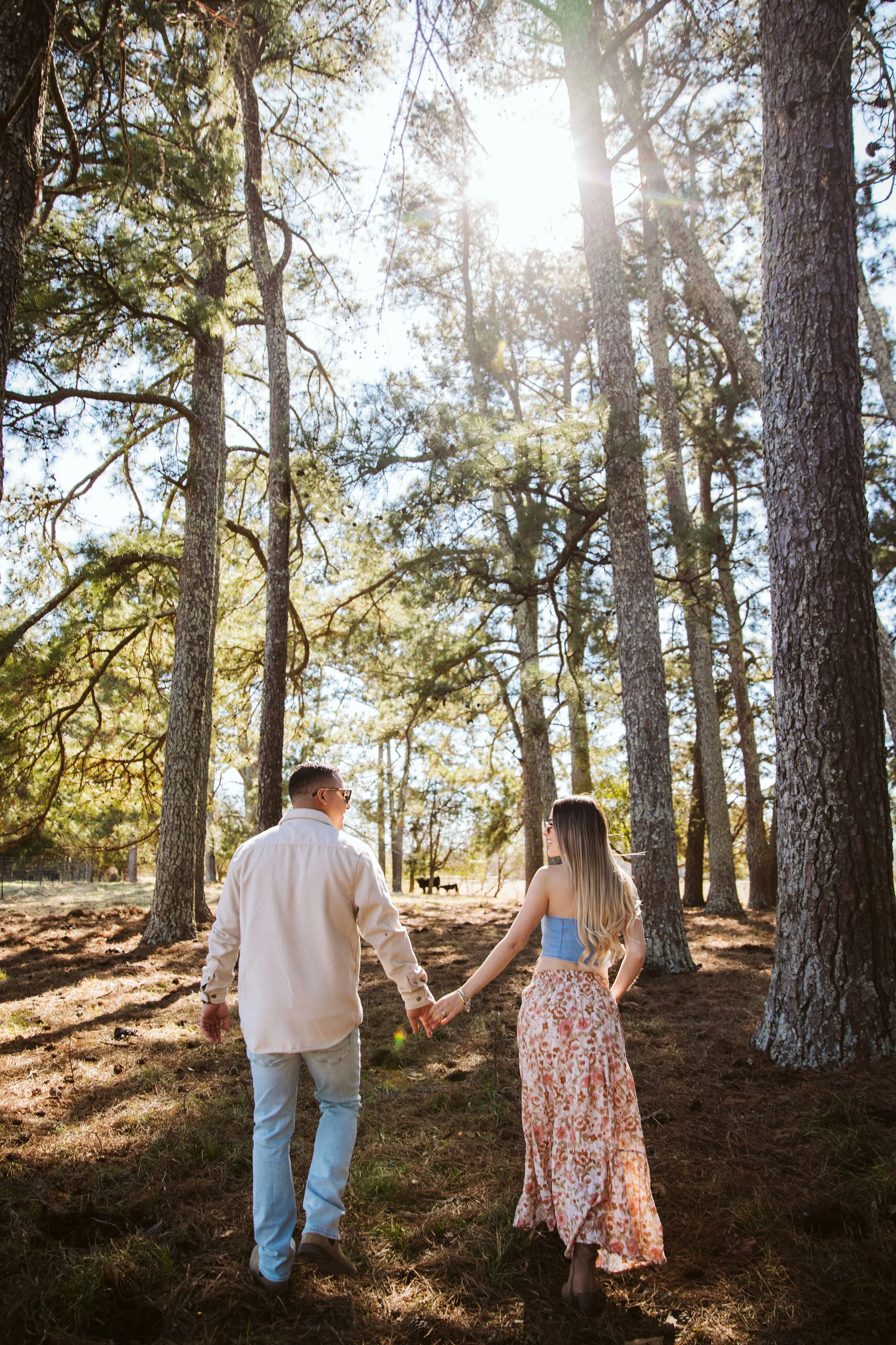 Couple holding hands walking through pine trees during golden hour