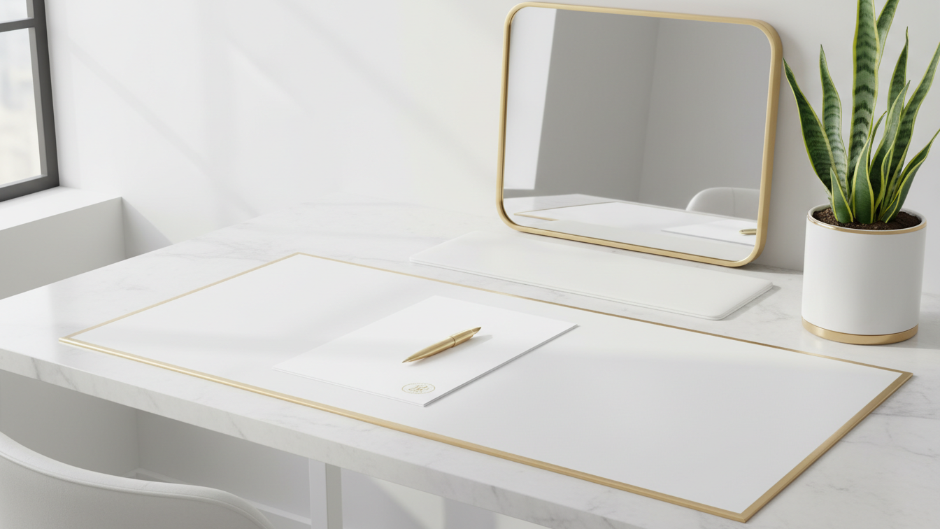 A decorative gold geometric floral pattern on a white background.