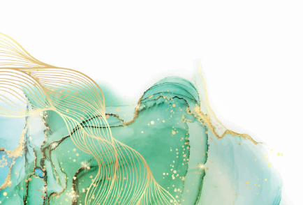 Abstract teal, gold, and white watercolor design with gold accents and flowing lines.