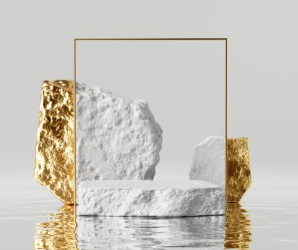 A minimalist artwork featuring a square frame with a large white rock inside, two gold-colored rocks on each side, and a reflective surface below.