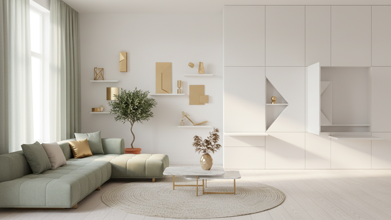 A symmetrical gold geometric design on a white background.