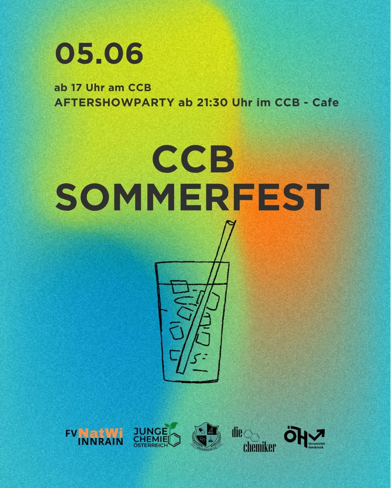 Liebe Chemiker & Pharmis 🧪
Es ist endlich wieder soweit - das CCB Sommerfest steht an und ihr seid alle herzlich eingeladen!
Wann: 
05.06.2024 ab 17:00 Uhr 
& dieses Mal zum ersten Mal mit anschließender Aftershowparty im @ccbcafe.ibk