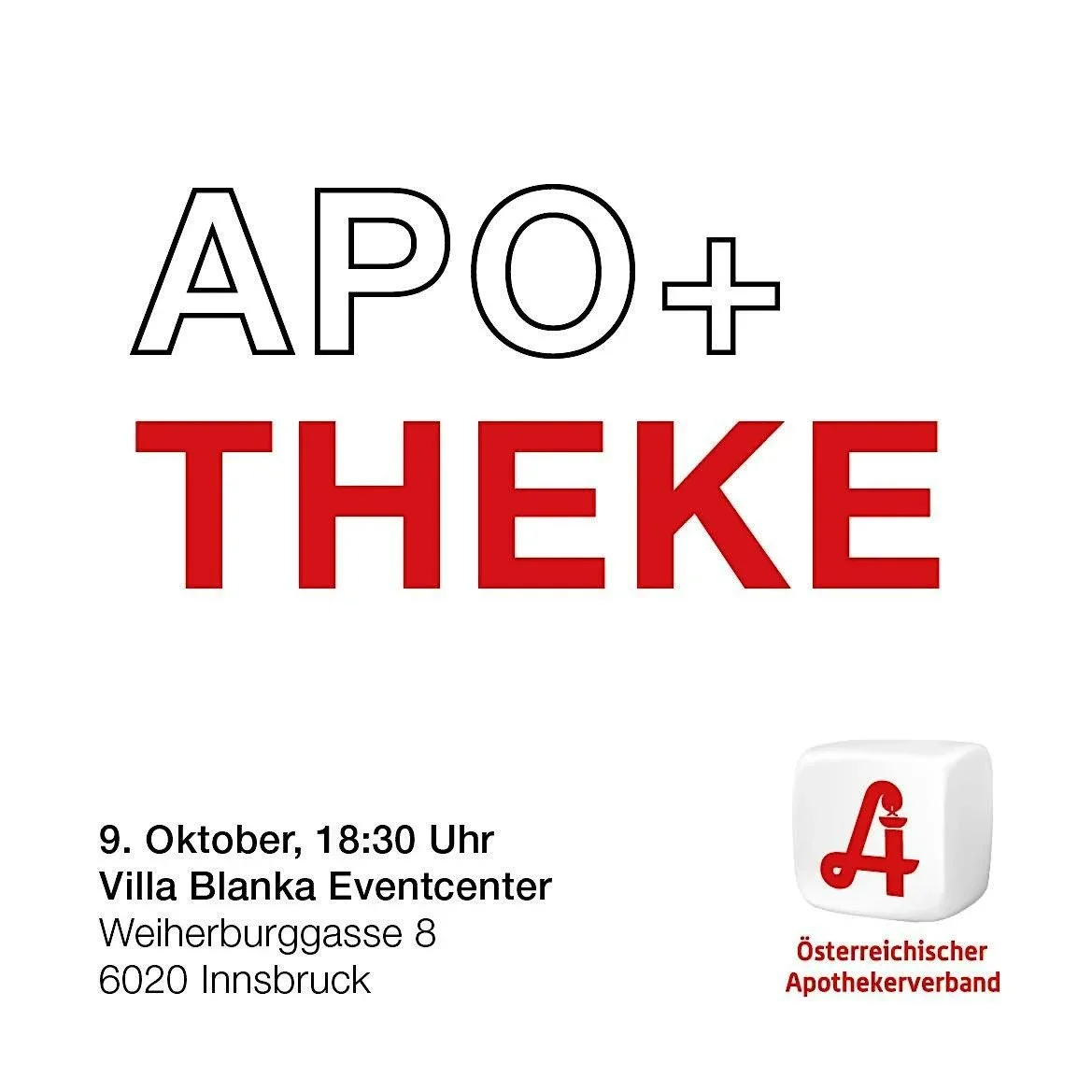 Wir dürfen euch mitteilen, dass am 09. Oktober in der Villa Blanka Eventcenter in Innsbruck eine Veranstaltung stattfindet, dabei geht es darum wie sich das Berufsbild des Apothekers in der Zukunft entwickeln wird. 
Es sind alle Studierenden he