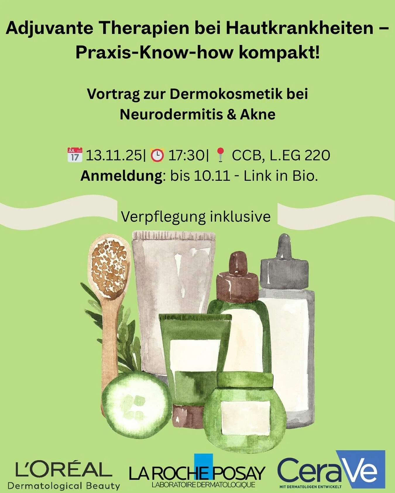 Liebe Pharmis,
Zusammen mit L’Oréal organisieren wir heuer eine spannende Veranstaltung rund um adjuvante Therapien bei Hauterkrankungen. Der Vortrag läuft in einem lockeren Rahmen ab und soll euch einen Einblick in die aktuelle Evi