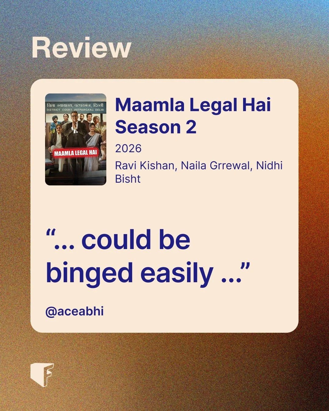 Season 2 hai. 
Maamla legal bhi hai.
Binge-worthy bhi.

Maamla Legal Hai S2 doesn't just coast on S1's goodwill &mdash; it earns its place. Witty, sharp, and quietly asking bigger questions about stigma and what justice actually looks like in India.
