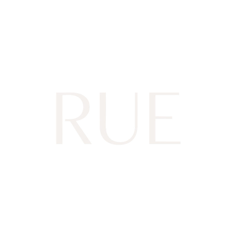 Black background with the word 'RUE' in white, stylized letters