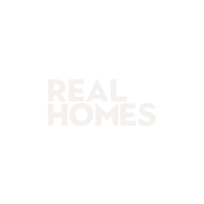 Logo with the words "Real Homes" in bold white text on a black background.
