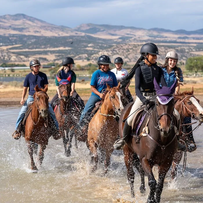 Students riding horses in a stream