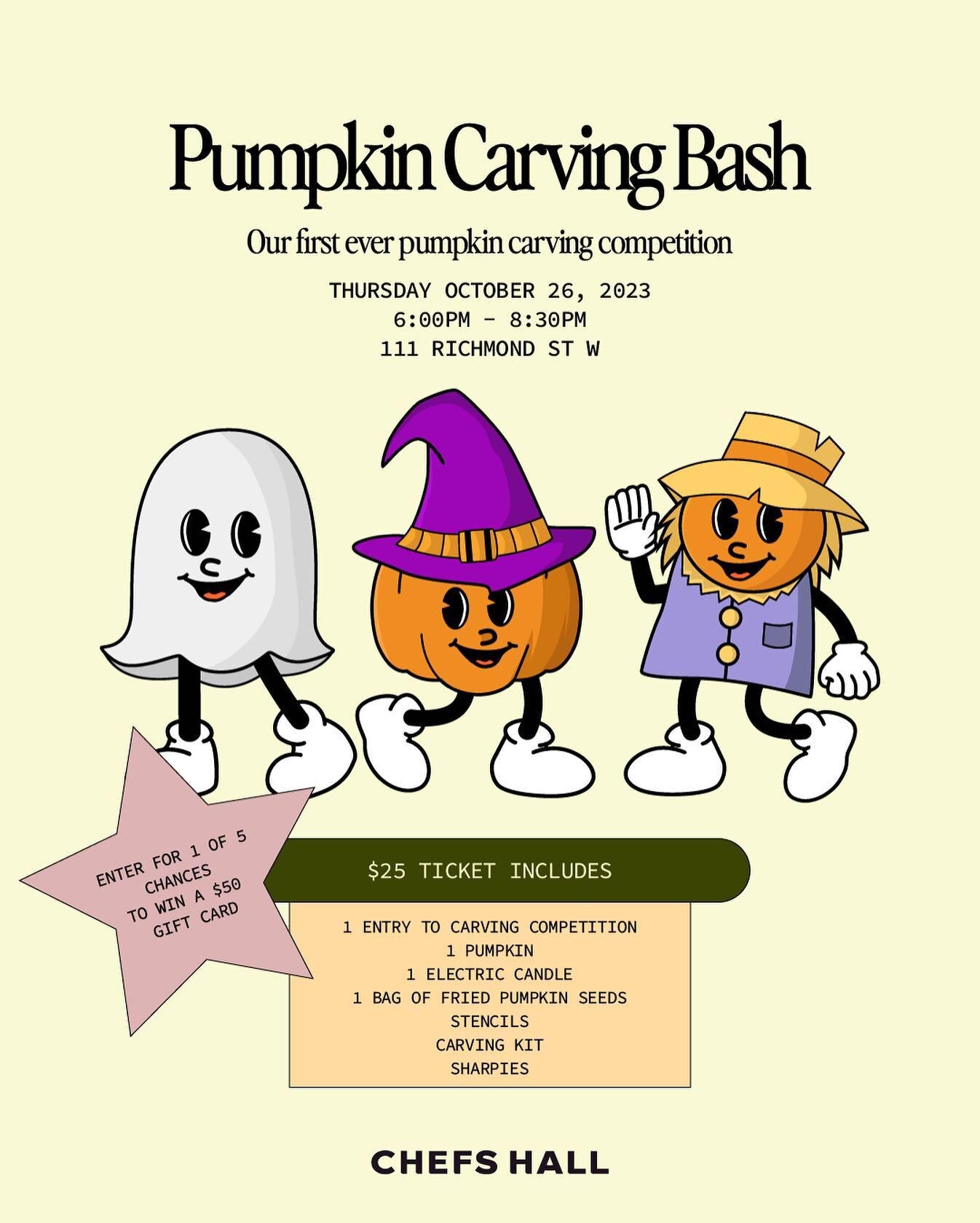 Get ready for Chefs Halls first ever Pumpkin Carving Bash on October 26! 🎃👻

Dare to enter and win 1 of 5 $50 gift card prizes! Head home with your pumpkin, electric candle, and a bag of freshly fried pumpkin seeds, prepared by Chef Brandon Olsen w