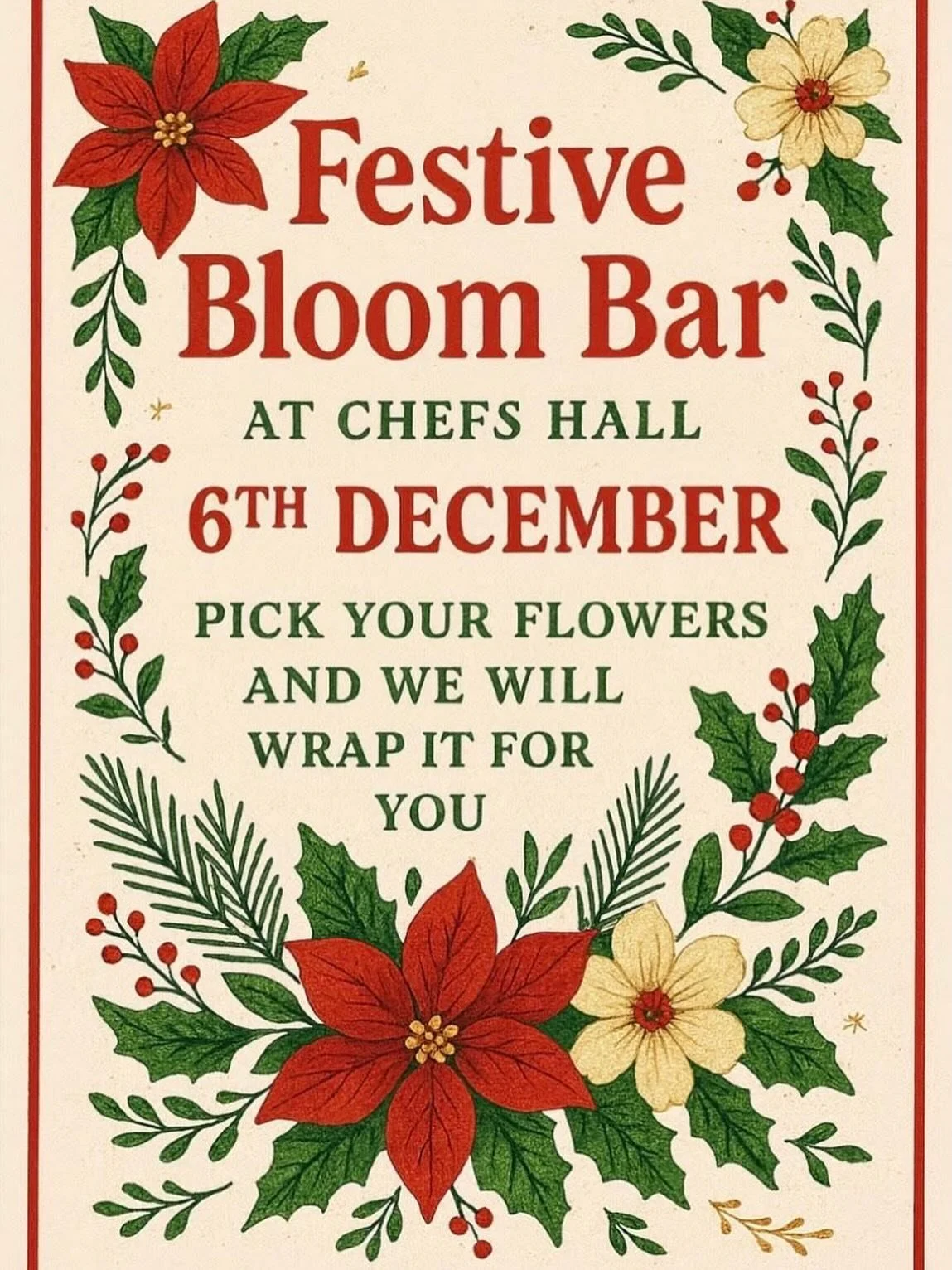 Come join @eventful_surprises at Chefs Hall today for their Festive Bloom Bar! Guests will be able to pick their own flowers, and have them wrapped in a craft bag with a cute ribbon&mdash;perfect for the holiday season. 💐🎁

#flowers #holiday #flowe