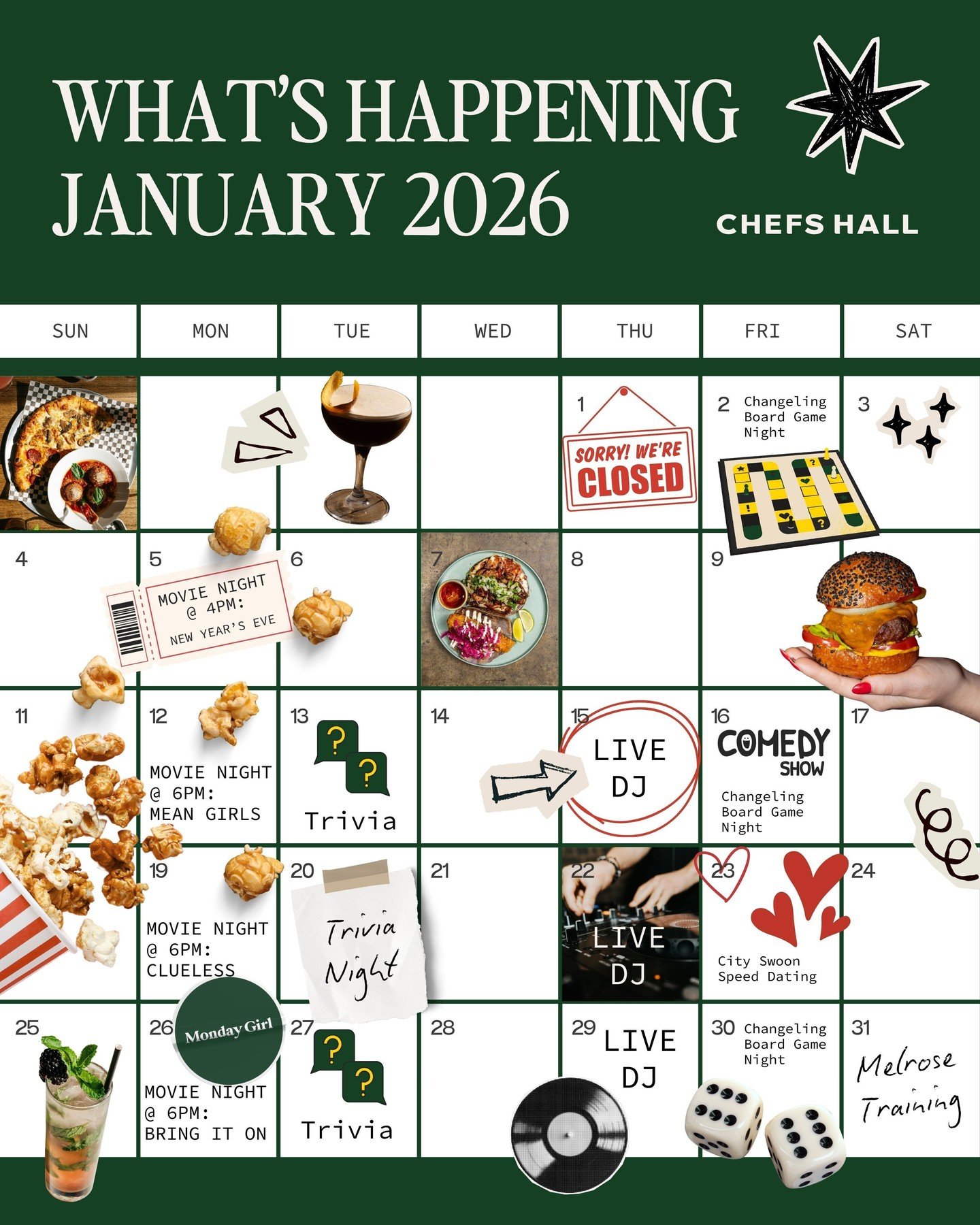 Kick off the New Year with fun, food, and free festivities at Chefs Hall! Follow us to stay in the loop on all our upcoming events and more. 🗓️ Here&rsquo;s what&rsquo;s happening this January: 

JAN 1: Closed for New Years Day
JAN 2: Changeling Boa