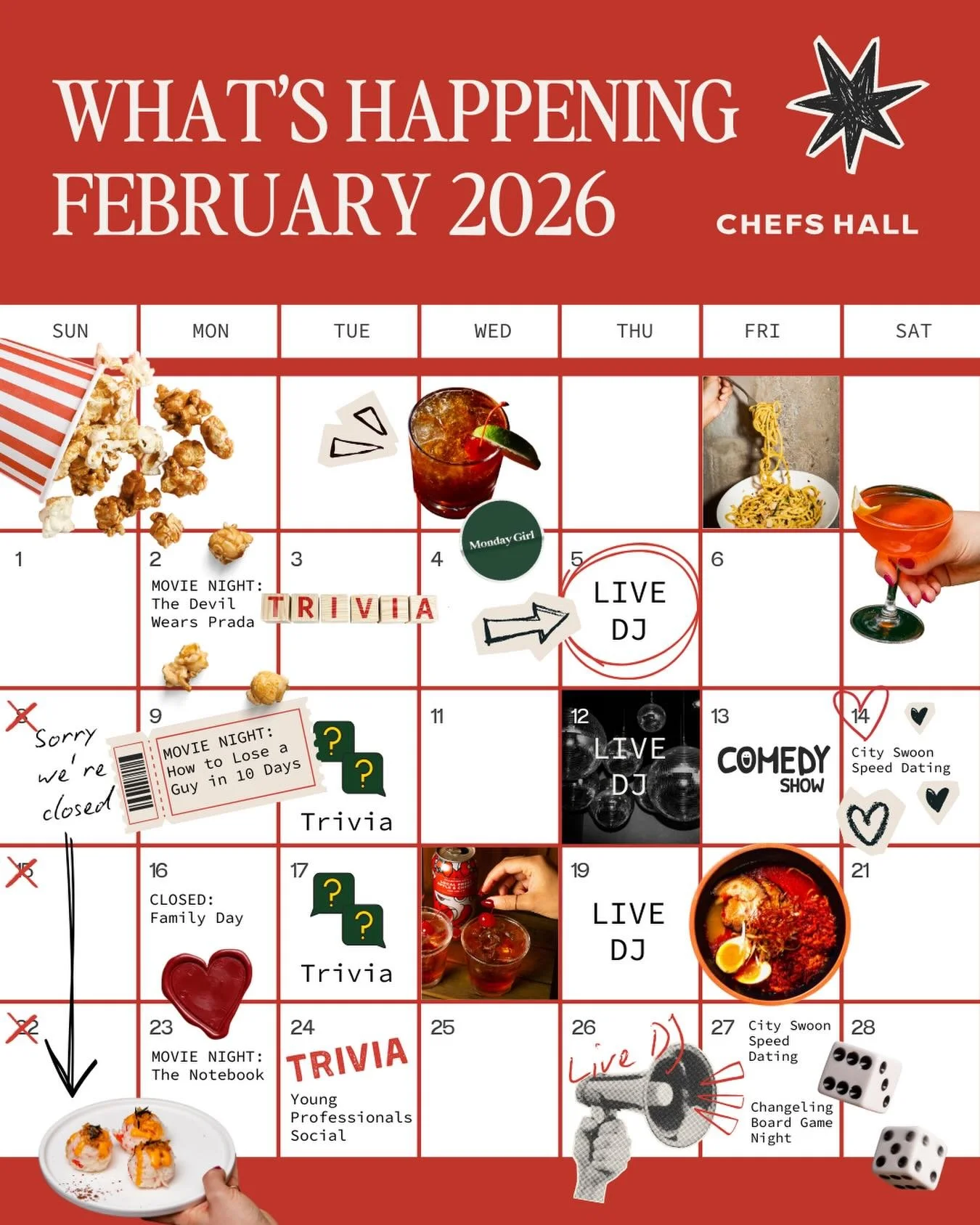 Here&rsquo;s what&rsquo;s happening this February 💕 Join us at Chefs Hall for free movie nights, community activities, fun game nights and unbeatable food and drink deals all month long! 

FEB 2: Movie Night: The Devil Wears Prada @ 4 pm
FEB 3: Triv