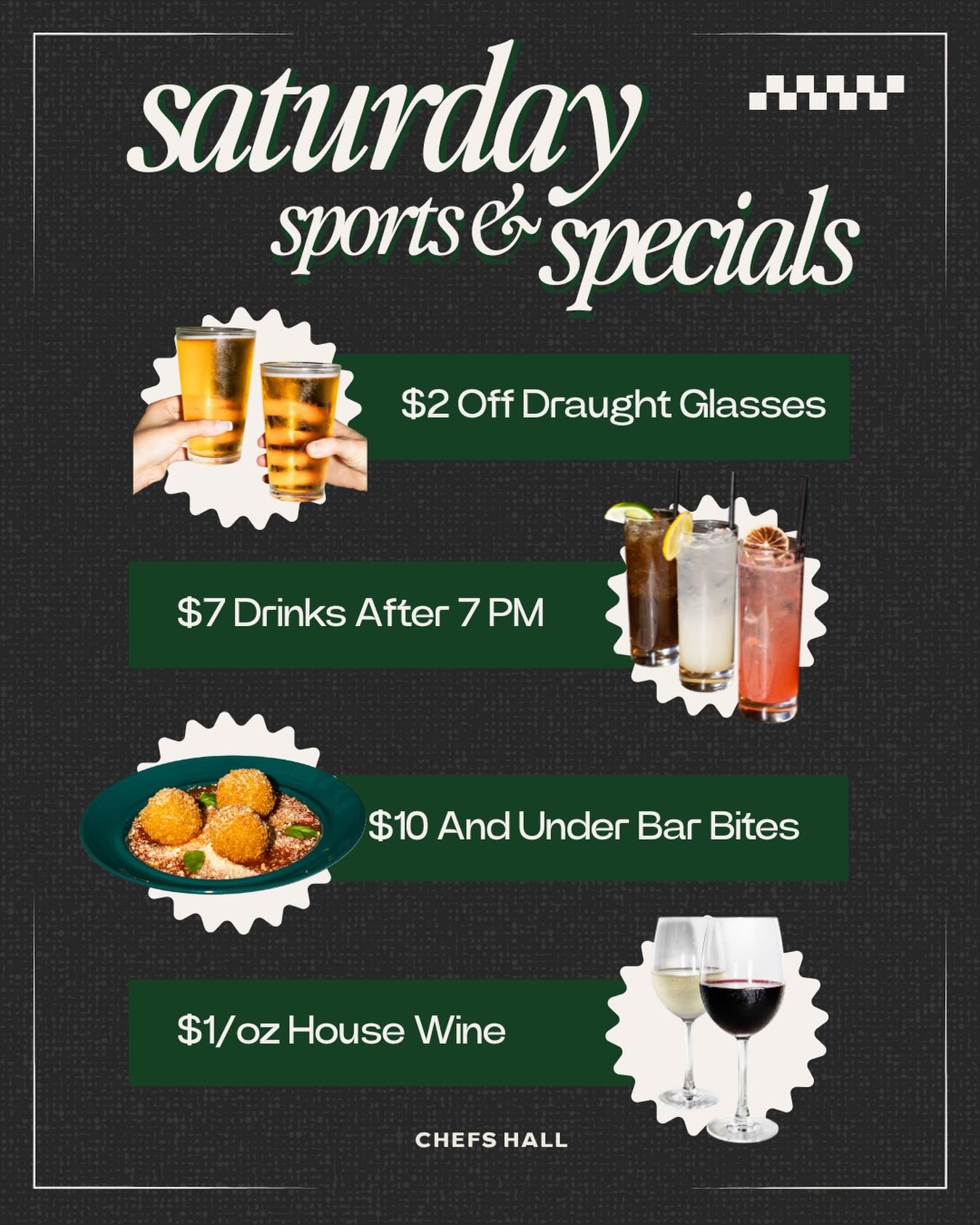 Grab your crew and cheer on your favourite teams. We&rsquo;ve got daily specials, including drinks, $10-and-under bites, and $7 drinks after 7 PM&mdash;the perfect game-day combos for every fan! ⚾️🏈🏀⚽️