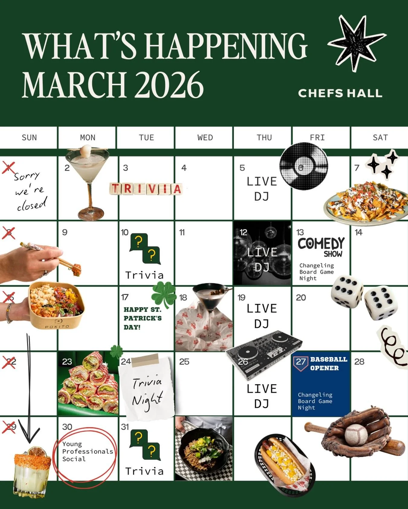Join us at Chefs Hall for a month of free activities! Don&rsquo;t miss the big home opener game on our massive 10 ft screens, and sound cranked up. ⚾️ Enjoy the best deals in the city and don&rsquo;t miss a minute of the action! 

MAR 3: Trivi&agrave