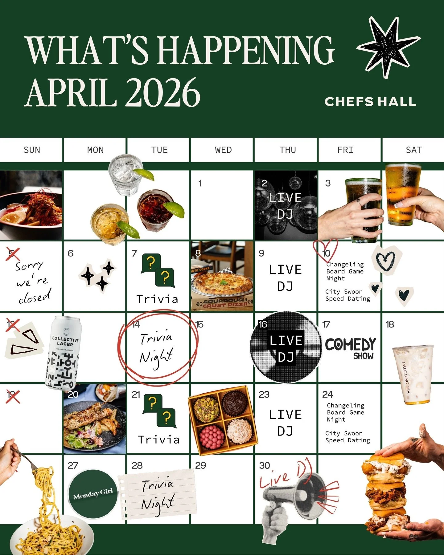 Another month full of fun awaits! Sign up for our newsletter to stay in the loop on all the exciting events and activities happening at Chefs Hall. ✨ 

APR 2: Live DJ @ 4:30 pm
APR 7: Trivi&agrave; La Carte @ 6:30 pm
APR 9: Live DJ @ 4:30 pm
APR 10: 
