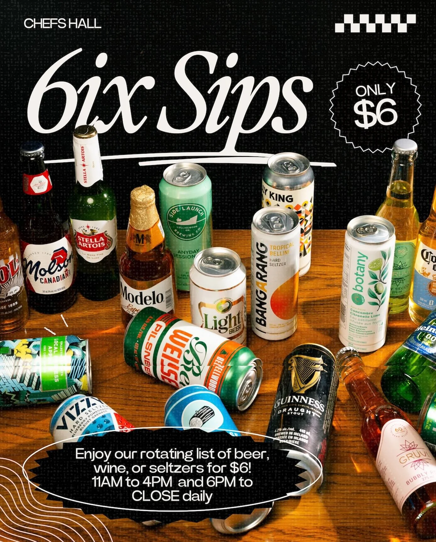 ONLY $6⁉️ New daily drink features designed to keep your wallet happy. Join us all week long for our new 6ix Sips&mdash;featuring a rotating selection of wine, beer, and seltzers, all for just $6. **Ask your bartender for more details

#drinkfeature 