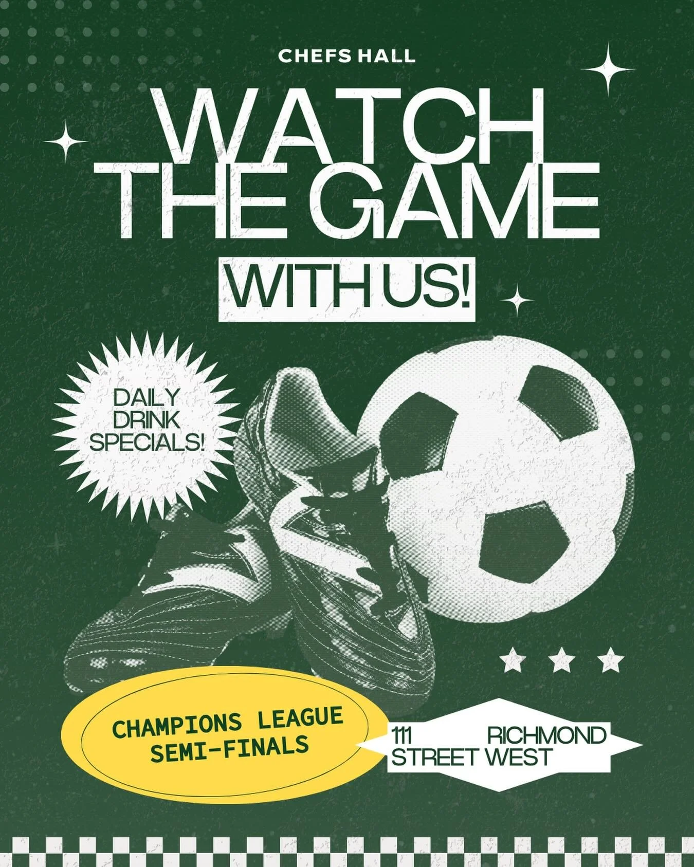 ⚽️ Catch the game with us! UEFA Champions League Semi-Finals kick off April 28&ndash;29, and we&rsquo;ll be showing all the action on our 10ft screens with sound on, so you won&rsquo;t miss a single moment.

Enjoy daily drink specials plus our NEW 6i