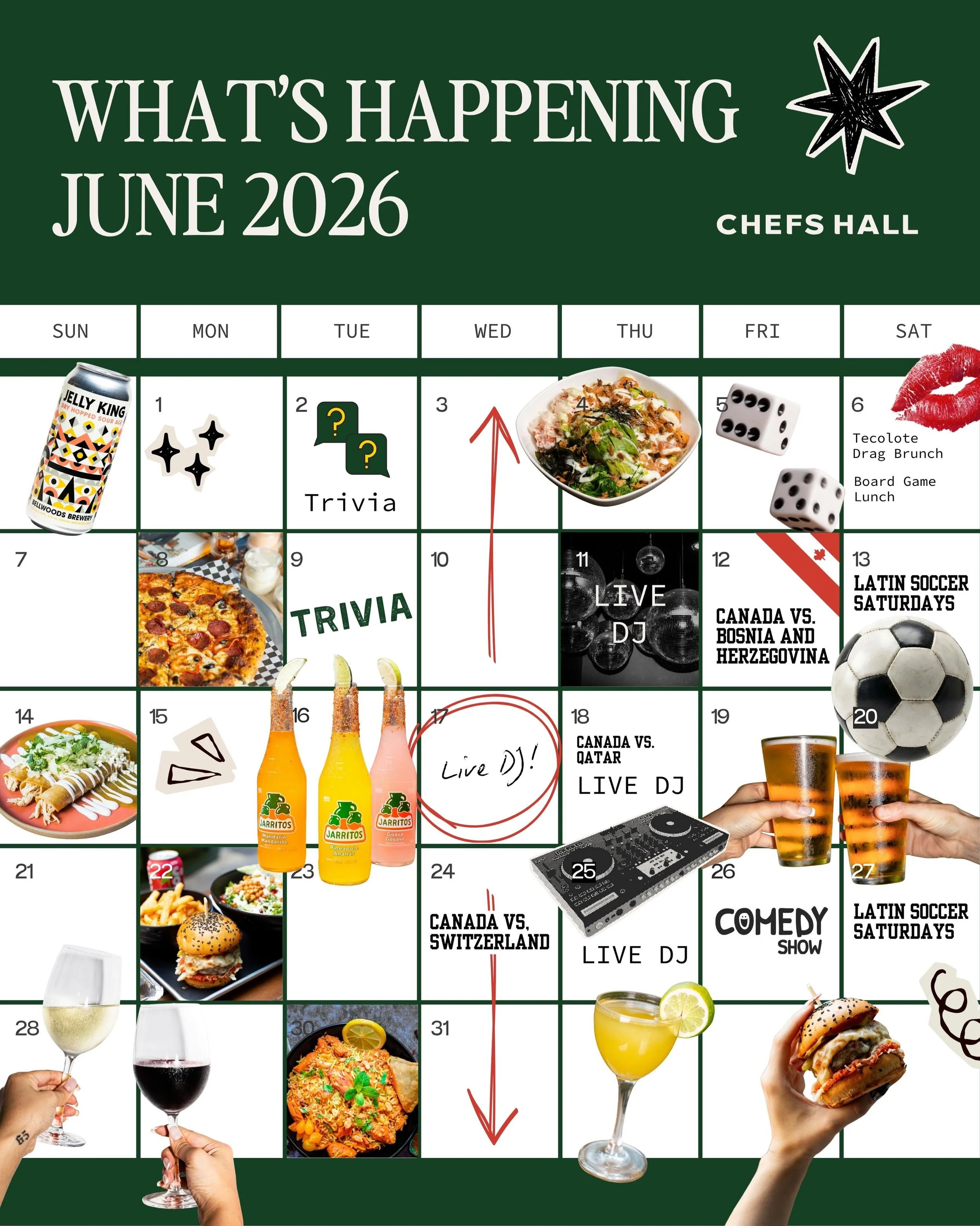 June events are heating up at the hall ☀️⚽️ With FIFA just around the corner, things are heating up all month long at Chefs Hall. Join us for Latin dancing, free trivia nights, drag brunch, and catch every major soccer match live on our 10ft screens.