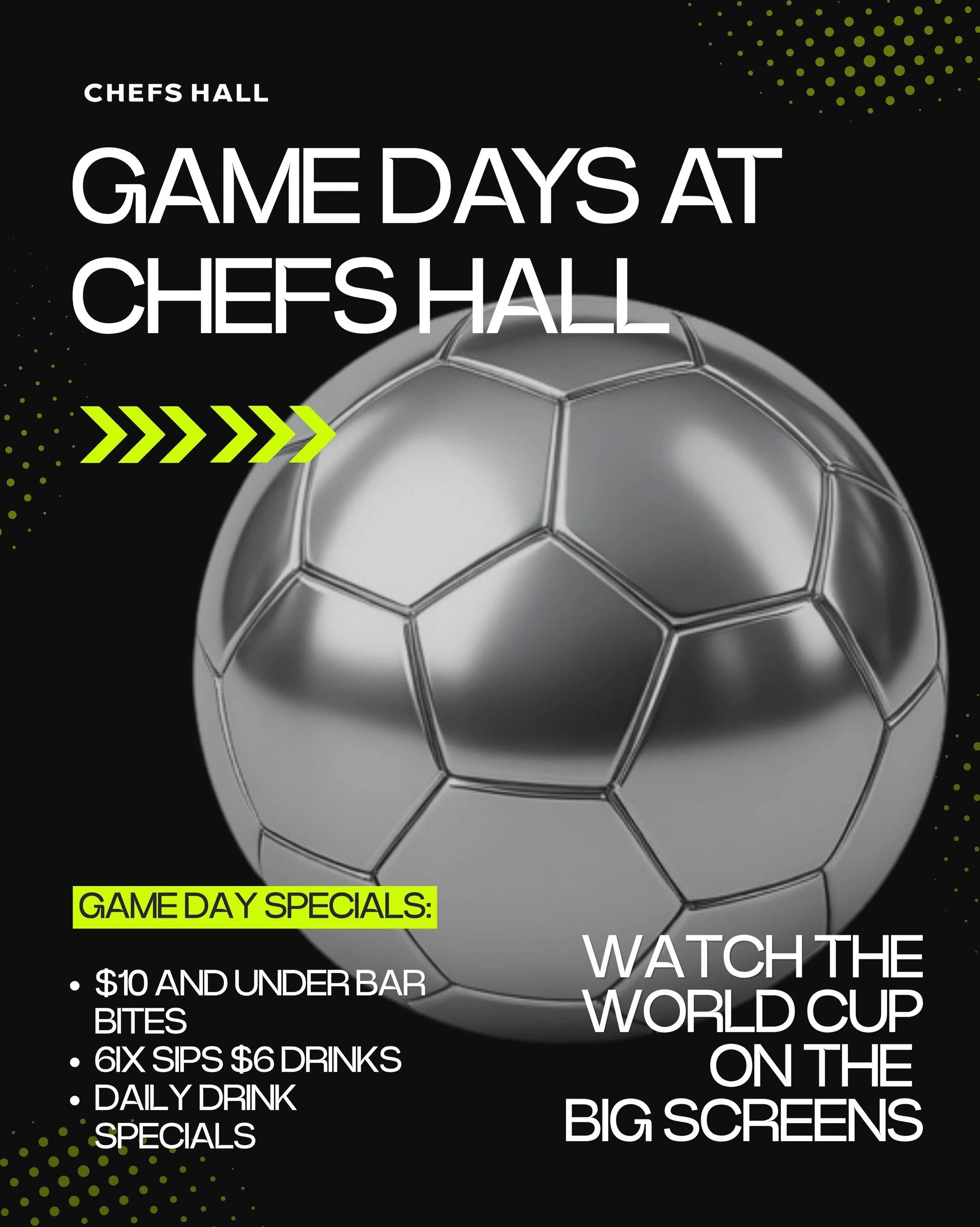 Catch every match live on our big screens ⚽🔥 With full sound on, you won&rsquo;t miss a second of the action. Rotating daily drink deals, and cheap eats for you and your crew. 

📍 Chefs Hall, 111 Richmond St W, Toronto
📺️ 10ft screens with audio
?