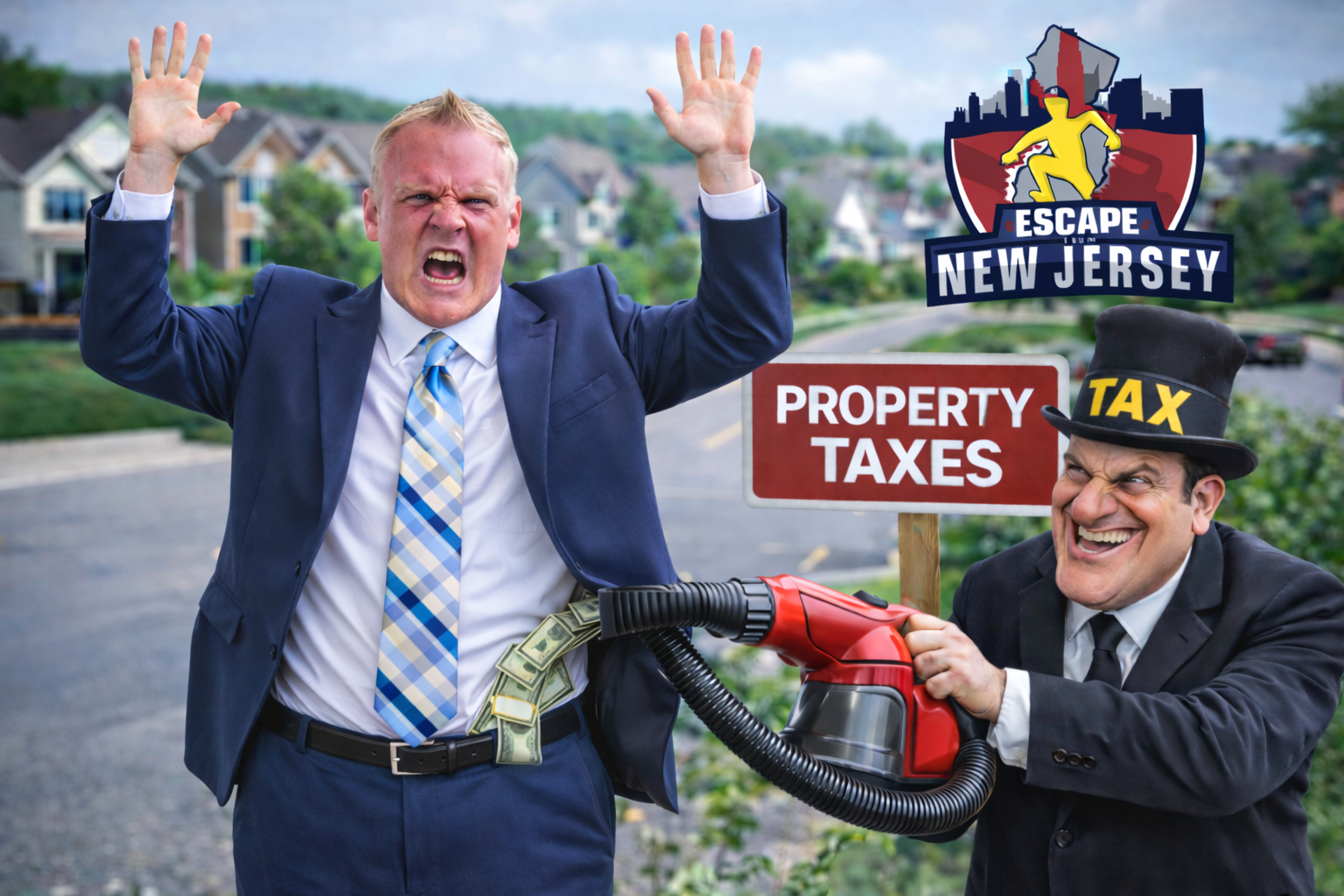 Angry North Jersey homeowner in a suit raises his hands while a tax collector vacuums cash from his pocket, symbolizing rising New Jersey property taxes