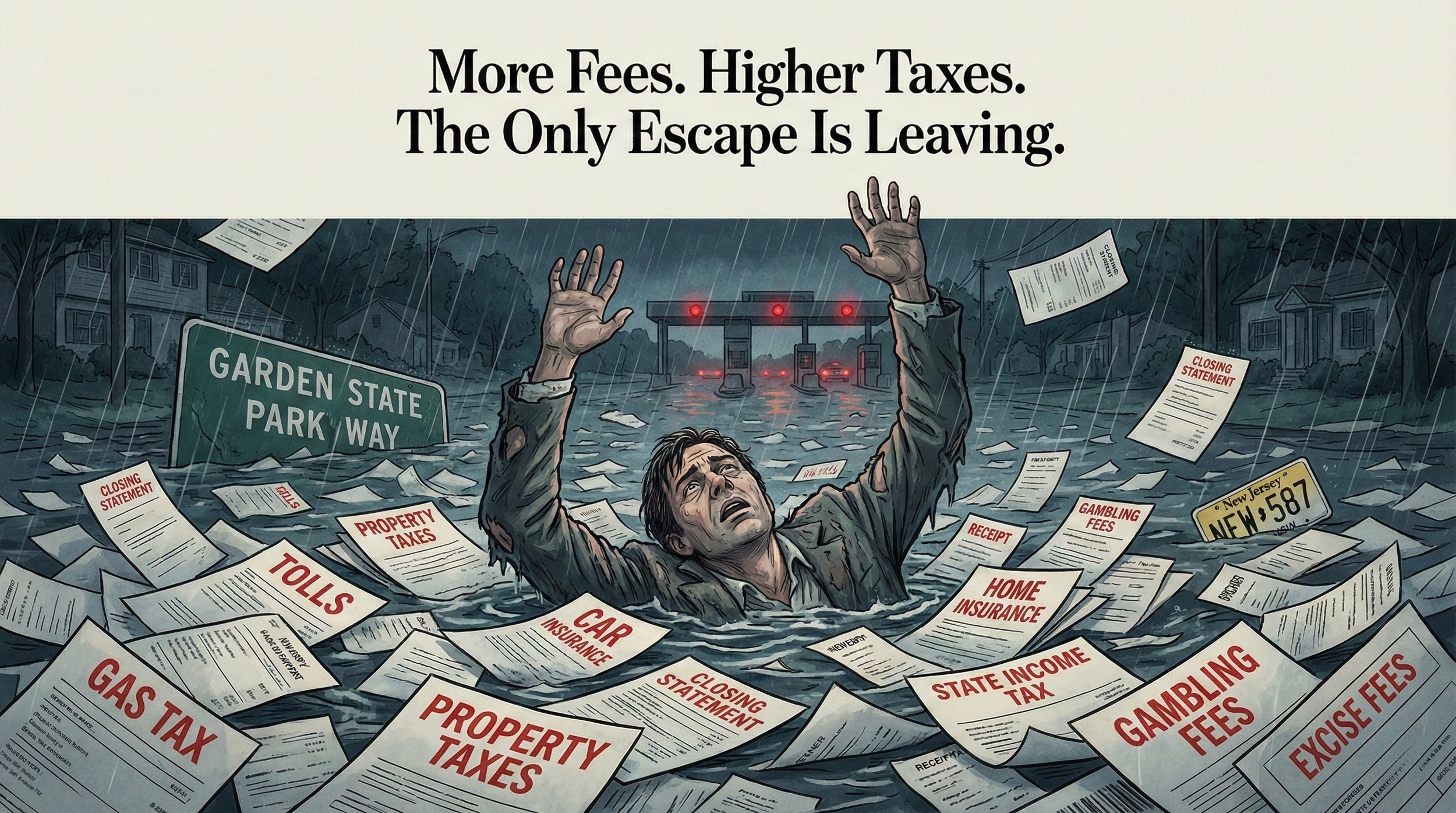 Editorial illustration of a stressed resident drowning in a flood of New Jersey tax bills and fee notices labeled Property Taxes, Tolls, and Insurance, symbolizing the high cost of living in 2026