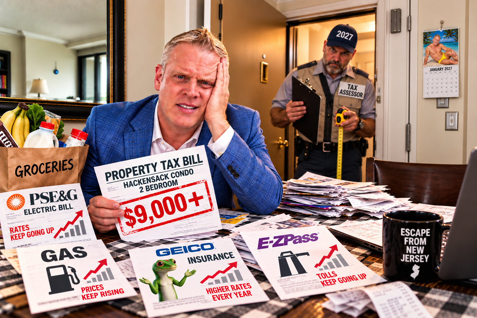 Kevin Hill reacts to rising New Jersey homeowner costs at his Hackensack condo as a tax assessor arrives for a 2027 property revaluation.
