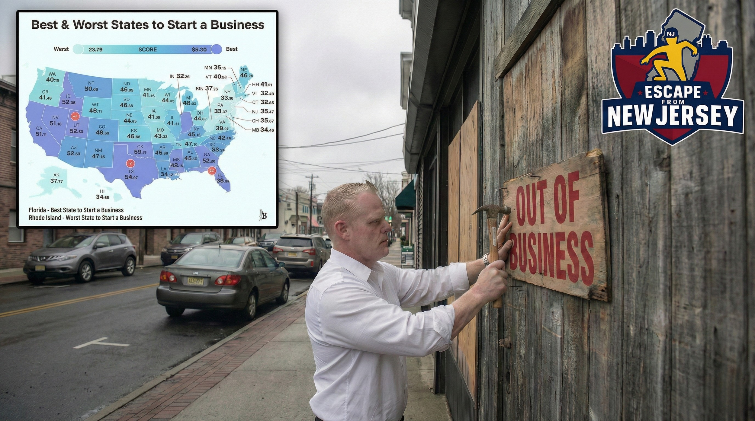 Kevin Hill hammering a wooden 'Out of Business' sign onto a boarded-up storefront. The image features a 'Best & Worst States to Start a Business' map overlay in the upper left and the 'Escape From New Jersey' logo in the upper right.