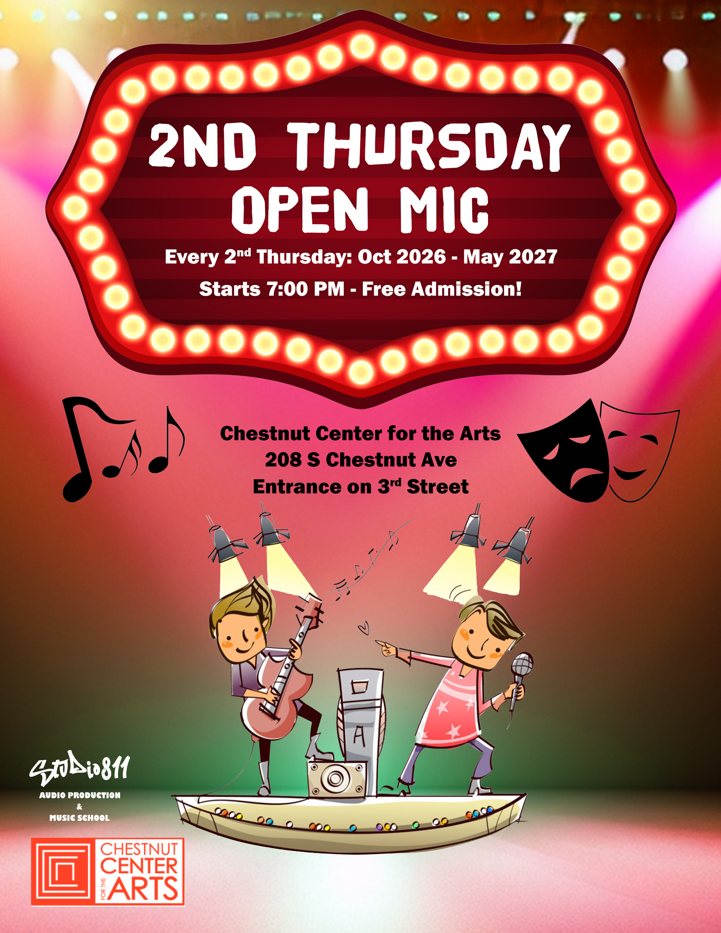 2nd Thursday Open Mic at the Chestnut Center runs from October 2026 until May 2027. Free Admission!