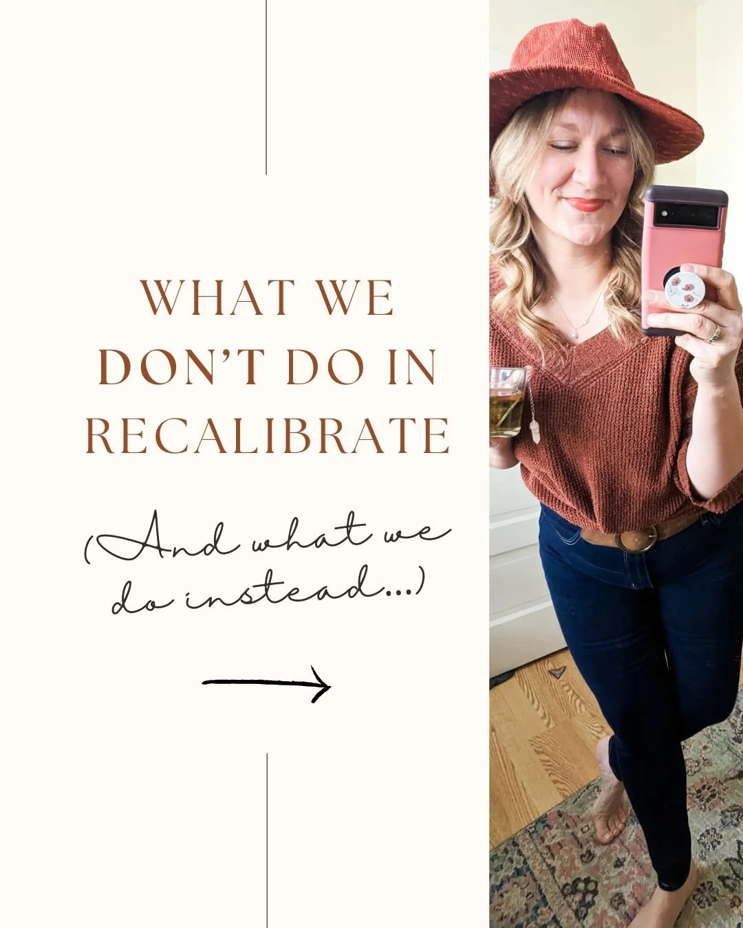 A quick list of what&rsquo;s NOT happening in Recalibrate, because we don&rsquo;t do ✨performative wellness✨ around here:

❌ Forcing yourself into a 5 AM cold plunge because TikTok said so.
❌ Productivity hacks that turn you into a robot.
❌ Hustle-at