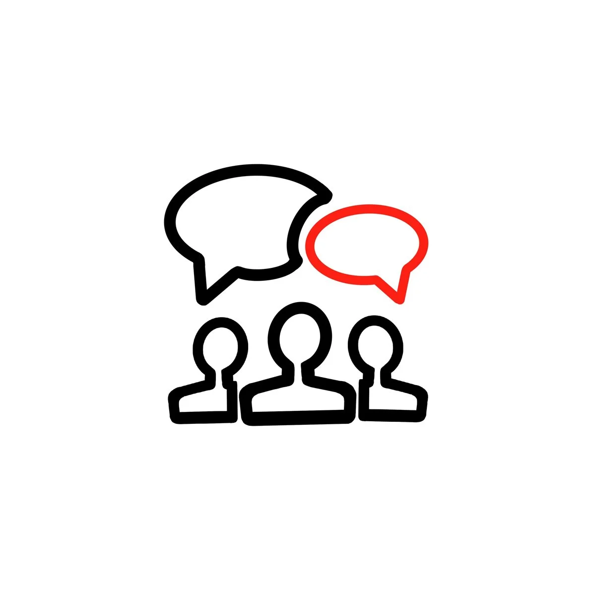 Outline drawing of three people with speech bubbles above them, one speech bubble is black and the other is red. Christchurch architects. NZ architects.