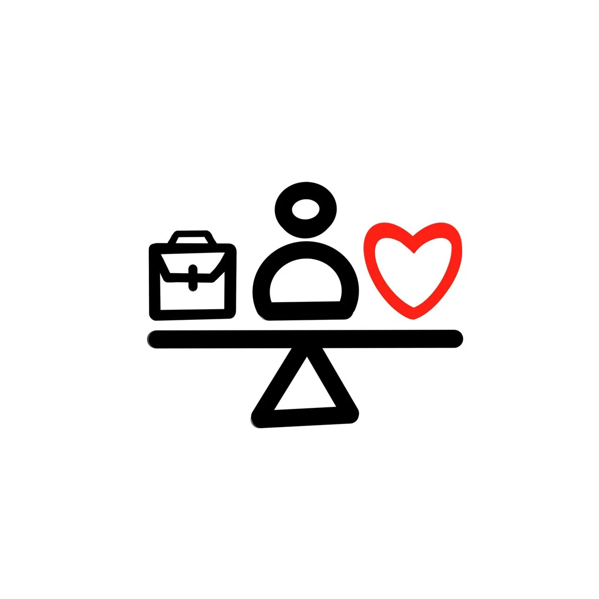 Simple line drawing of a person sitting at a desk with a briefcase on the left and a red heart on the right. Christchurch architects. NZ architects.