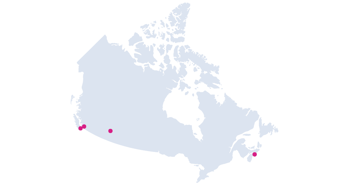 Map of Canada with dots marking the location of universities Rise has accepted students for the Student Advocacy Clinic, including UBC, UBCO, Dalhousie, UVIC, NVIT, U of C,