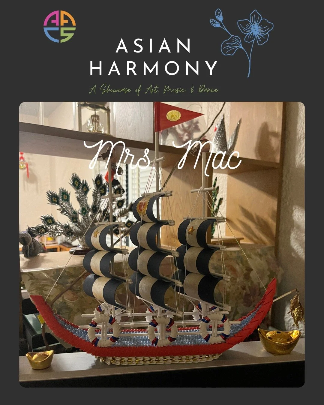 Celebrate creativity with Mrs. Mac, a local artist whose turns paper into works of art. Her vibrant works will be on display at Asian Harmony, showcasing the diversity and imagination within our community.

🗓 Sunday, November 30, 2025
🕓 4:00&ndash;