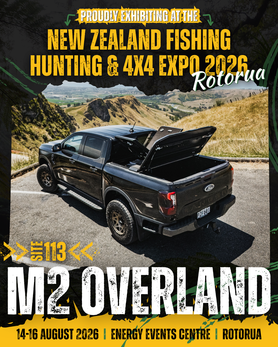 Poster for the M2 Overland event in Rotorua, New Zealand, from August 14-16, 2026, showcasing a black pickup truck with an open bed on a mountain road with scenic hills in the background.