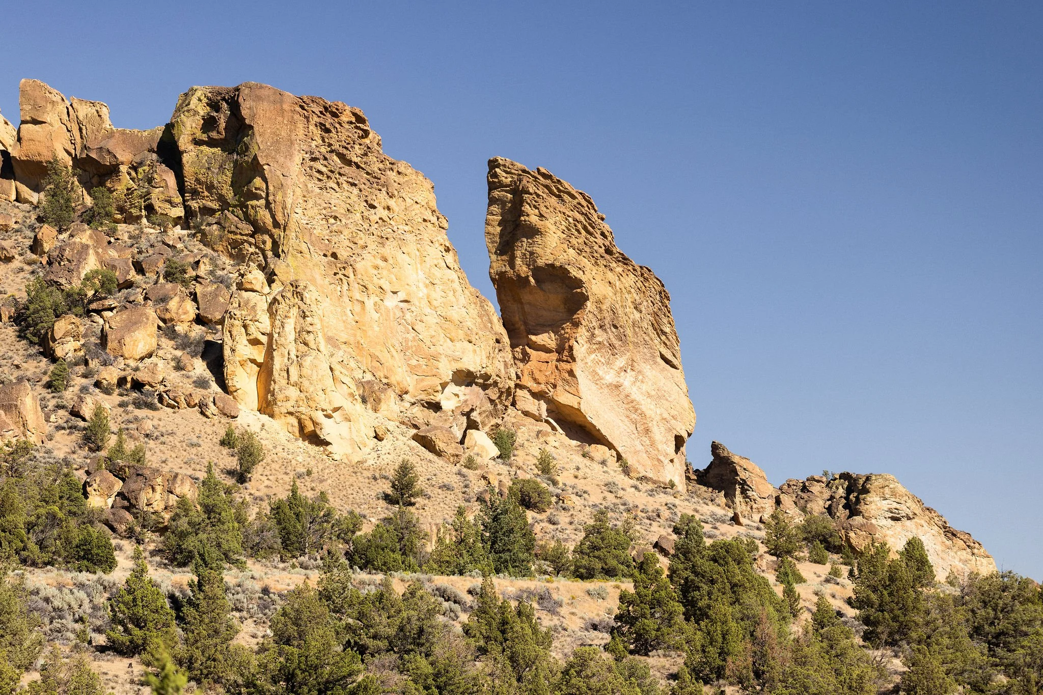 Rock formations on a hillside with trees and sparse vegetation under a clear blue sky.