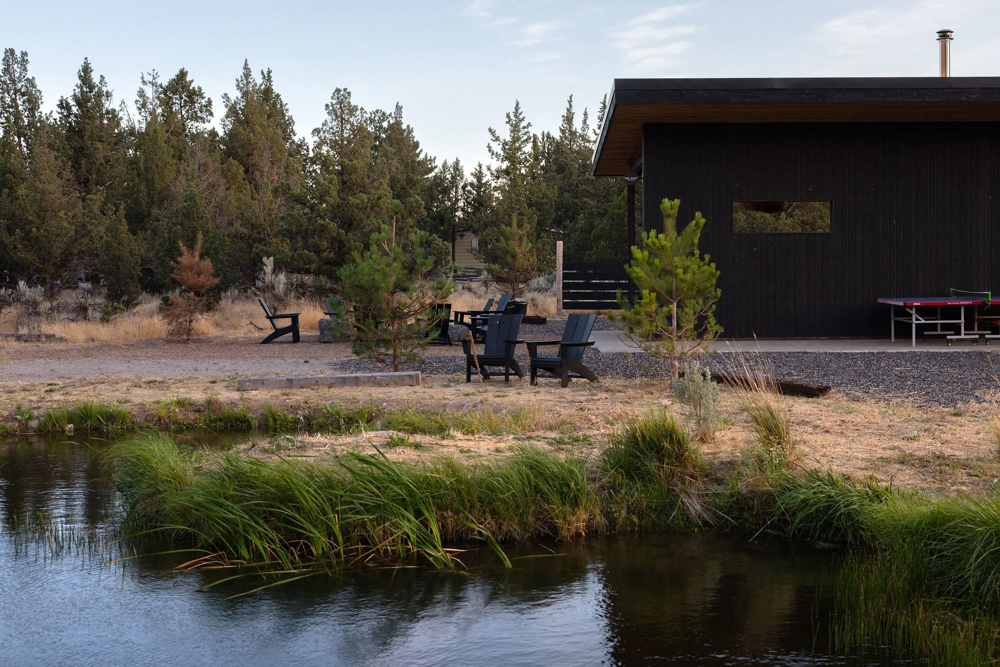 A peaceful lakeside scene with a modern black house, outdoor seating, and small pine trees, surrounded by nature.