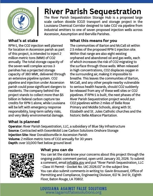 Factsheet for River Parish Sequestration 1 with blue and green LAF branding