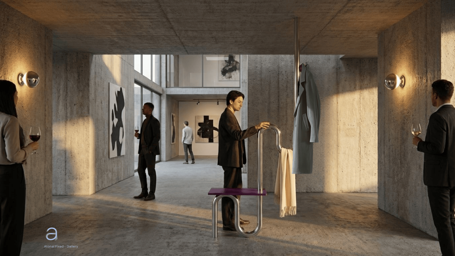 People in an art gallery socializing, with a woman holding a glass of red wine on the left, a man with a glass of wine on the right, and a man in the center examining a coat on a hanger. The gallery has concrete walls and large windows, with abstract art on the walls.