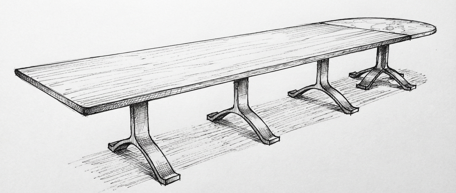 Sketch of a long wooden picnic table with three supporting legs.
